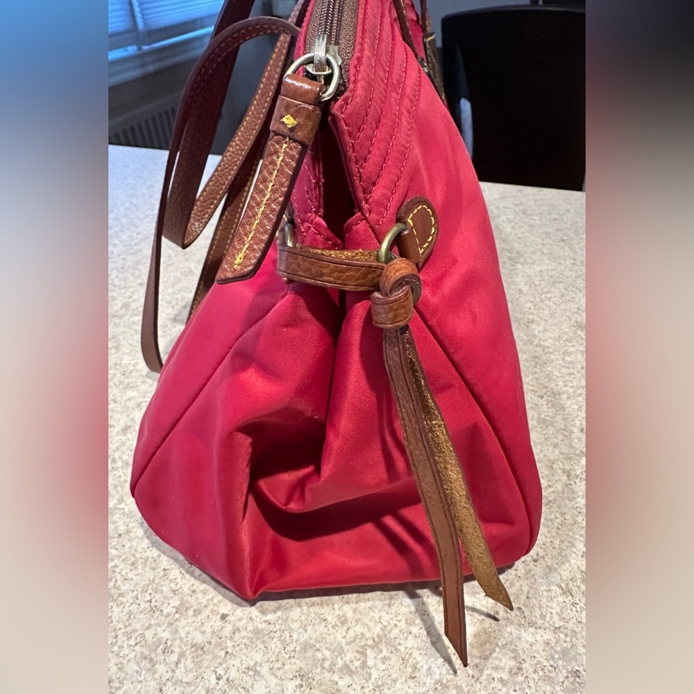 Vintage Dooney & Bourke Victoria Nylon Tote, Red w/ hot pink interior, leather - Picture 2 of 16